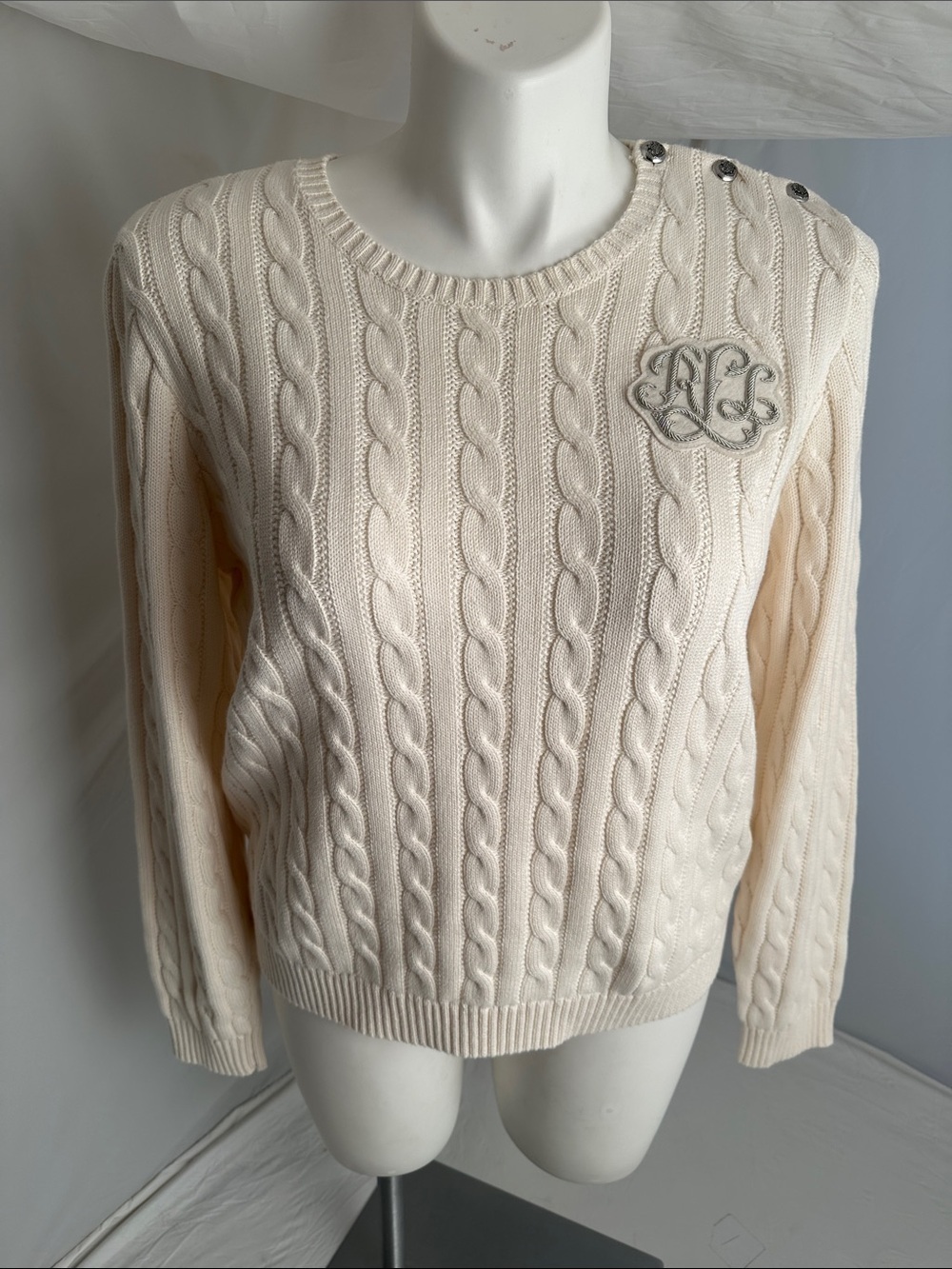 Ralph Lauren Winter Cream cable knit crew neck sweater with appliqué & buttons